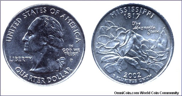 USA, 1/4 dollar, 2002, Cu-Ni, MM: P, Mississippi - 1817, The Magnolia State, Washington.                                                                                                                                                                                                                                                                                                                                                                                                                            