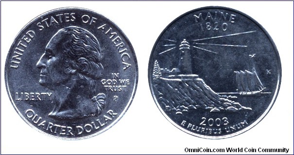 USA, 1/4 dollar, 2003, Cu-Ni, MM: P, Maine - 1820, Washington.                                                                                                                                                                                                                                                                                                                                                                                                                                                      
