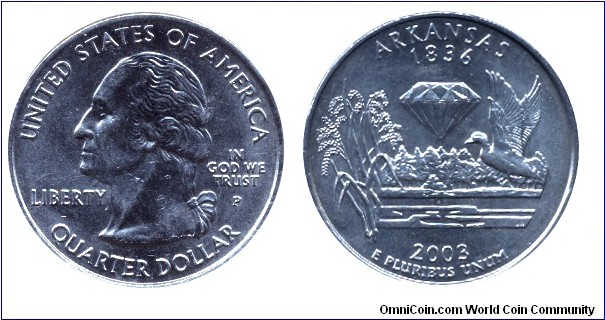 USA, 1/4 dollar, 2003, Cu-Ni, MM: P, Arkansas - 1836, Washington.                                                                                                                                                                                                                                                                                                                                                                                                                                                   