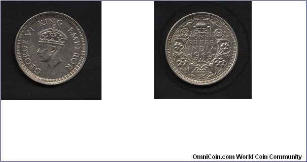 Silver 1 Rupee, George VI King Emperor, India, 1942