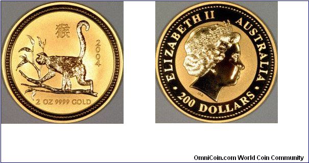 Year of the Monkey 2 ounce gold bullion coin issued by the Perth Mint in Western Australia.