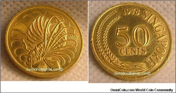 SINGAPORE 1978 GOLD 50 CENTS. ONLY PIECE OF GENUINELY GOLD-PLATED 50 CENTS IN THE WORLD. PRIVATELY PRODUCED BY A JEWELLER. NEVER EXHIBITED .  FOR SALE. PLEASE MAKE AN OFFER.