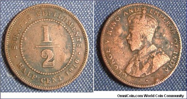 STRAITS SETTLEMENT 1916 1/2 CENT COPPER COIN- KING GEORGE V.
FOR SALE. PLEASE MAKE AN OFFER.
