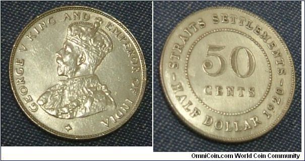 STRAITS SETTLEMENT  1920 50 CENTS SILVER COIN. IT IS ALMOST UNC CONDITION. MADE FROM PURE SILVER.FOR SALE. PLEASE MAKE AN OFFER.
