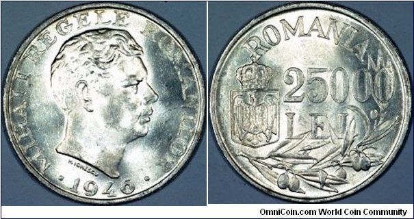 It seems perverse that the portrait of King Michael faces to the right after he had realigned with the Russian communists. The obverse inscription reads MIHAL I REGELE ROMANILLOR, and the engravers name H IONESCU is below the neck. The date is below the head.