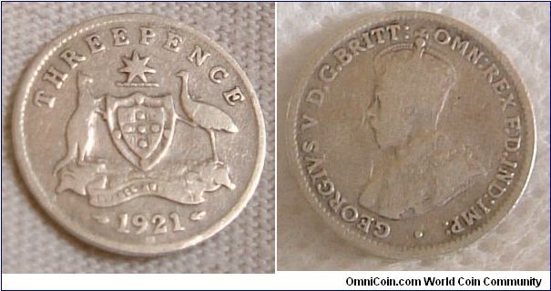 AUSTRALIA 1921 3 PENCE COIN IN VERY FINE CONDITION. FOR SALE. PLEASE MAKE AN OFFER.