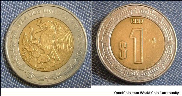 MEXICO 1997 COIN 1 PESOS. WITH IMPRINTS OF MAYAN ARTS. For sale. Please make an offer.