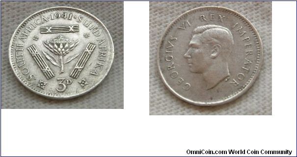 SOUTH AFRICA 1941 3 DIME
A rare treat. A  very  small South African antique coin in very fine condition available for sale. Please make an offer.