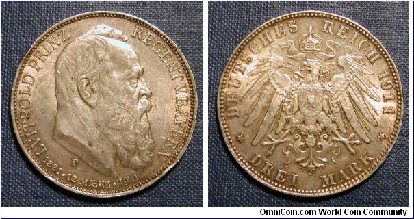 1911 German States Bavaria Prince Leopold 3 Mark Commemorative