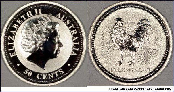 Half ounce Year of the Rooster silver bullion coin from Australia, produced by the Perth Mint, one of the 2 official Australian mints. See our other years and sizes.