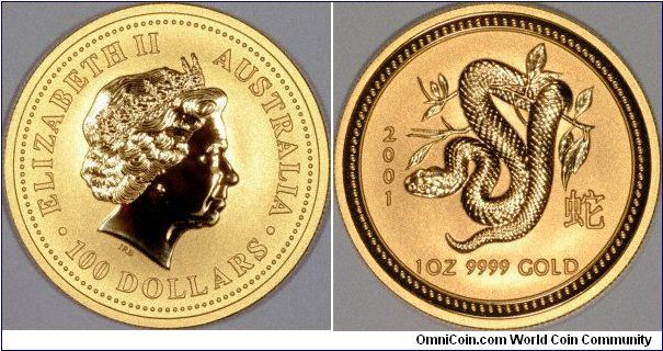 Year of the Snake or Serpent one ounce gold bullion coin from Perth Mint of Western Australia. Images copyright Chard.