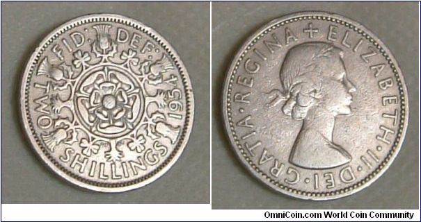 UK 1954 2 shilling coin in extra fine condition. For sale at only $20.