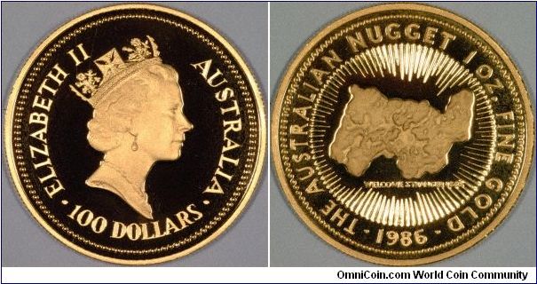 First issue of the gold nugget, in proof only. The one ounce coin features the Welcome Stranger natural gold nugget, the world's largest gold nugget, which was found in 1869.