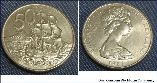 NEW  ZEALAND 1981 50 CENTS.
A  galleon on a rare & very fine piece. For sale. Please make an offer.