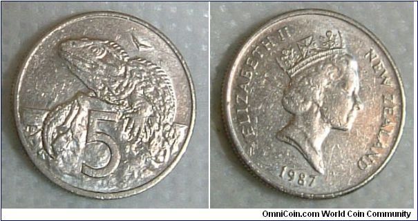NEW  ZEALAND 1987 5 CENTS.
(SOLD TO MR PRASHANT BAUSKAR OF MUMBAI, INDIA ON 30/4/2005)
STOCKS STILL AVAILABLE.
Another native of NZ, the  iguana, on very fine piece. For sale. Please make an offer.