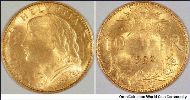 Swiss gold 10 francs are much scarcer than the 20 francs. This is similar for many countries where one convenient coin denomination dominated in circulation and use, while other denominations, both smaller and larger were use and issued in much smaller quantities.