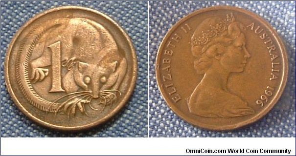 AUSTRALIA 1966 1 CENT.
(SOLD TO MR PRASHANT BAUSKAR OF MUMBAI, INDIA ON 30/4/2005)
STOCKS STILL AVAILABLE.
A  copper piece of extra fine quality. For sale. Please make an offer.
