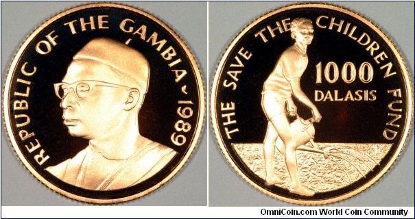 Proof gold 1,000 Dalasis issued for the Save the Children Fund showing a young Gambian boy watering the family vegetable patch. On the obverse is President Alhaji Sir Dawda Kairaba Jawara.