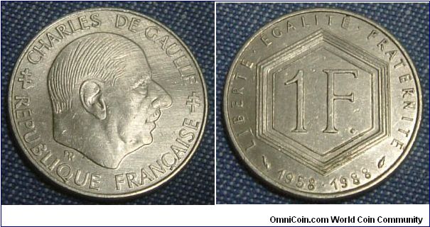 FRANCE 1988 1 FRANC.
Charles De Gaule on an extra fine coin. For sale. Please make an offer