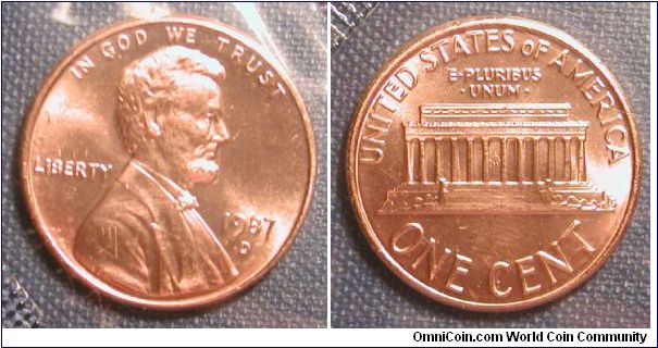 1987-D Lincoln Memorial Cent from Uncirculated Mint Set in original packaging.