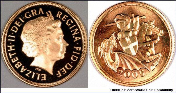 Actual photograph of the new Saint George design on the reverse of the 2005 uncirculated bullion sovereign. Someone commented it looked like Lord Farquar from the movie Shrek.
We have shown the obverse of the proof version.
See also the die crack half sovereign of this date.