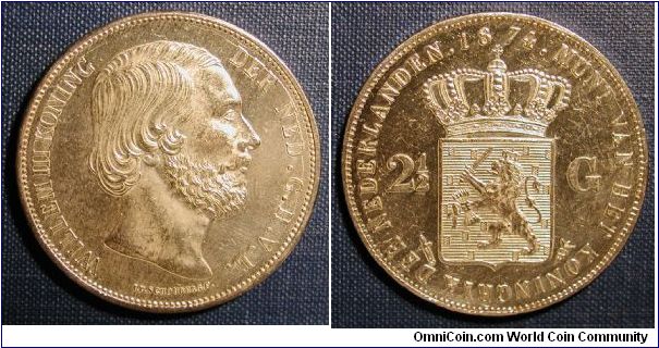 1874 The Netherlands 2 1/2 Gulden w/Sword & Scabbard Mint Mark