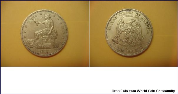 1875-CC Trade Dollar.AU details,cleaned.One reverse chopmark.