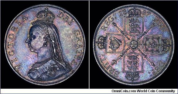 1887 Great Britain Florin, Queen Victoria, Jubilee Head. AU. KM.762/Spink.3925.  Toned.