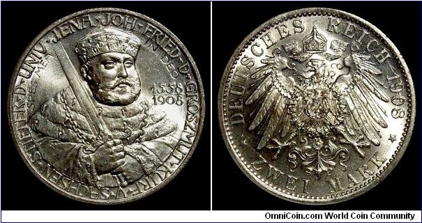 2 Mark 1908 Saxe-Weimar-Eisenach, commemorating the foundation of university in Jena in 1558 by Johann Friedrich