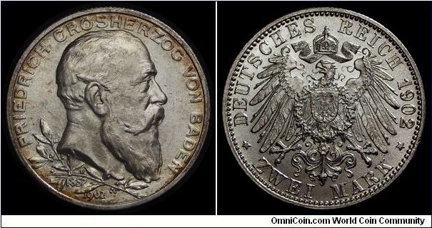 Baden, 2 Mark 1902 - commemorative to  Grand Duke Frederick's 50th year of reign.