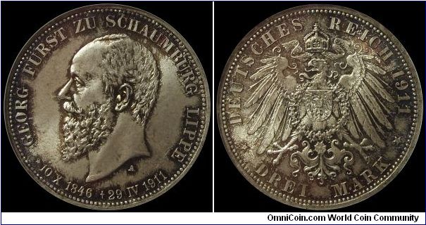 Schaumburg Lippe, 3 Mark 1911 - commemorative on the death of Prince Georg.