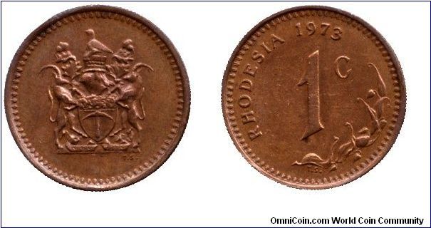 Rhodesia, 1 cent, 1974, Bronze, Coat of arms                                                                                                                                                                                                                                                                                                                                                                                                                                                                        