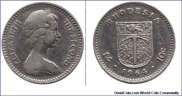 Rhodesia, 10 cents, 1964, Cu-Ni, Elizabeth II.                                                                                                                                                                                                                                                                                                                                                                                                                                                                      