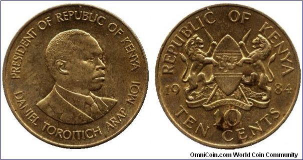 Kenya, 10 cents, 1984, Ni-Brass, President Arep Moi.                                                                                                                                                                                                                                                                                                                                                                                                                                                                