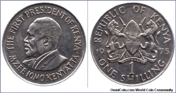 Kenya, 1 shilling, 1975, Cu-Ni, President Kenyatta.                                                                                                                                                                                                                                                                                                                                                                                                                                                                 