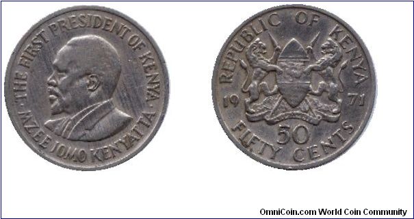 Kenya, 50 cents, 1971, Cu-Ni, Mzee Jomo Kenyatta, The First President Of Kenya.                                                                                                                                                                                                                                                                                                                                                                                                                                     