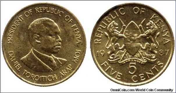 Kenya, 5 cents, 1987, Ni-Brass, President Daniel Torotich Arap Moi.                                                                                                                                                                                                                                                                                                                                                                                                                                                 