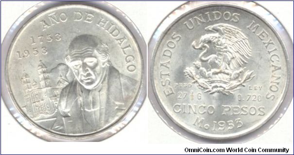 Silver 5 Pesos Mexico 1953