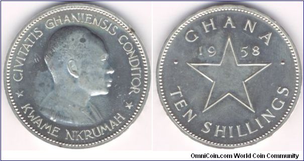 Silver 10 Shillings Ghana 1958.
First year that Ghana minted coins as an independant nation.