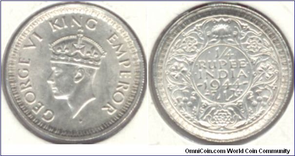 Silver 1/4 of a Rupee India 1944