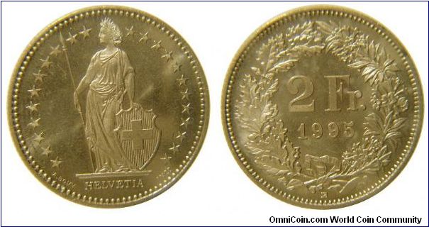 Switzerland 2 Francs, 1995, Brilliant Uncirculated full lustre.