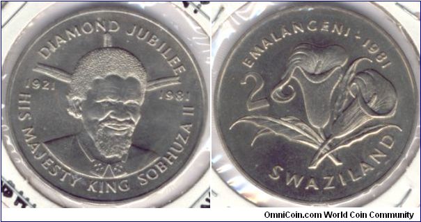 2 Emalangeni Swaziland 1981.
Diamons Jubilee from King Sobhuza II.