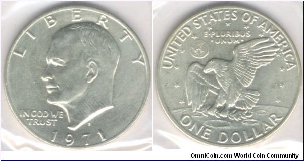 Silver 1 Dollar USA 1971.
Eisenhower Uncirculated Silver Dollar.