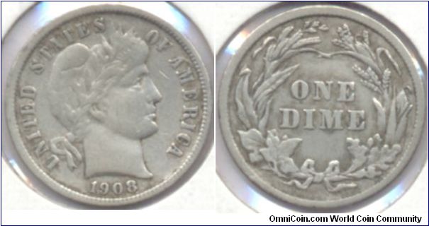 Silver One Dime (10 Cents) USA 1908