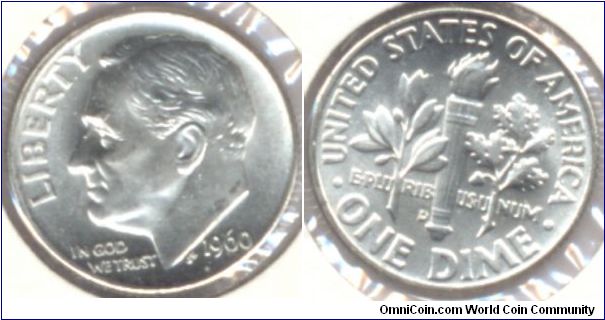 Silver One Dime (10 Cents) USA 1960.