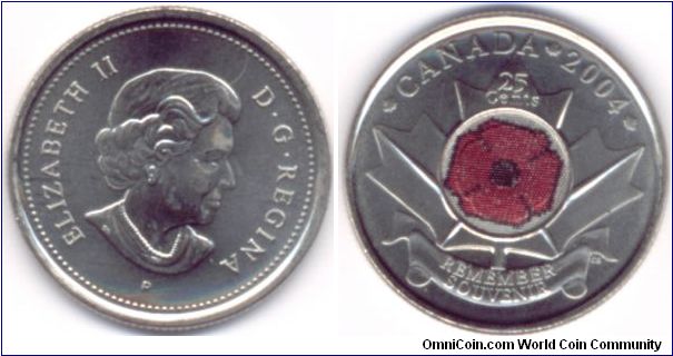 Quarter of a Dollar Canada 2004.
Claimed to be the first circulating colour coin.