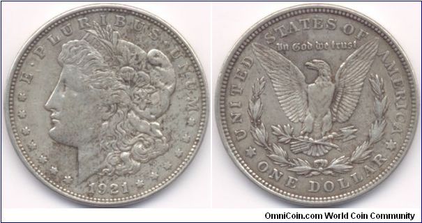 Silver 1 Dollar USA 1921.
My first Morgan Dollar. Thanks Ed!