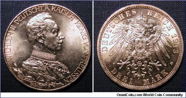 1913 German States Prussia 3 Mark  .900 Silver Wilhelm II