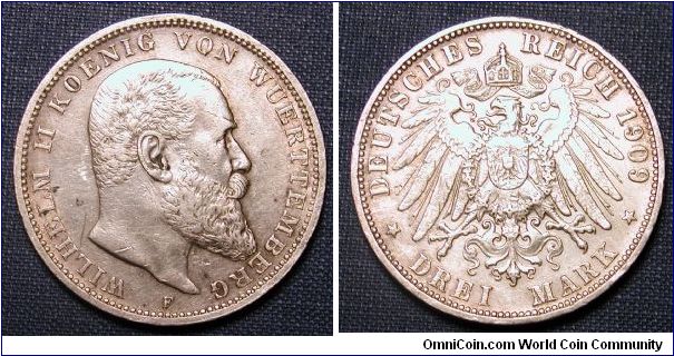 1909 German States Wurttemberg 3 Marks .900 Silver Wilhelm II