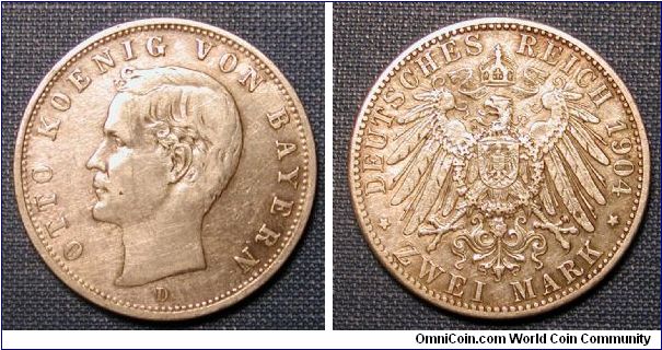 1904 German States Bavaria 2 Marks .900 Silver Otto Prince Regent Luitpold